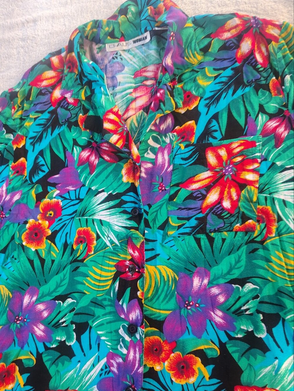 Chaus Vintage Woman Tropical Floral Button-Up Shirt - Teal, Purple, Red